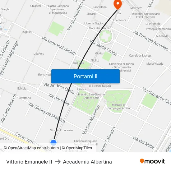 Vittorio Emanuele II to Accademia Albertina map