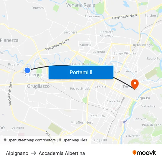 Alpignano to Accademia Albertina map