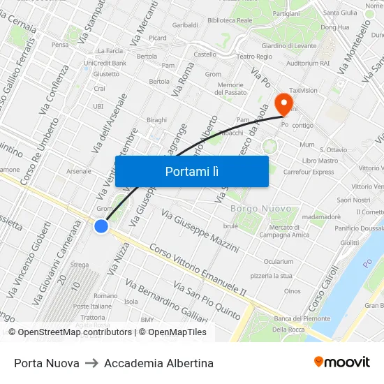 Porta Nuova to Accademia Albertina map