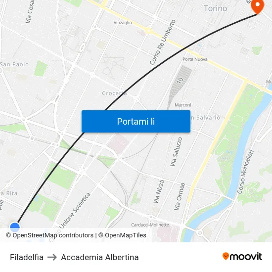 Filadelfia to Accademia Albertina map