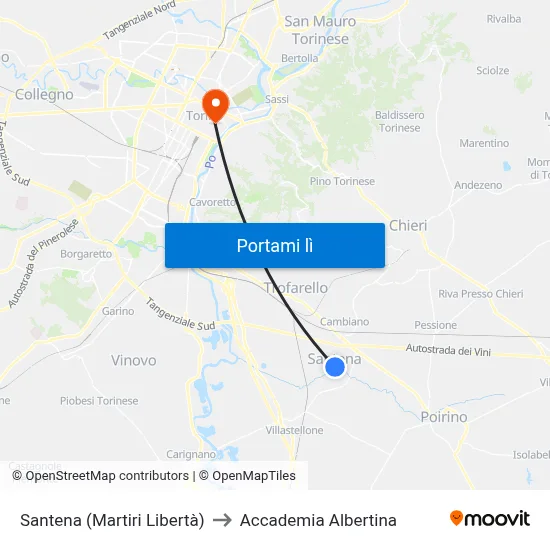 Santena (Martiri Libertà) to Accademia Albertina map
