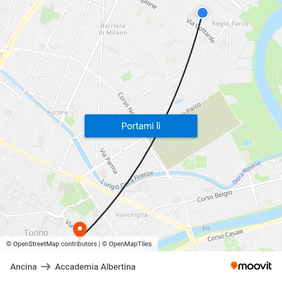 Ancina to Accademia Albertina map