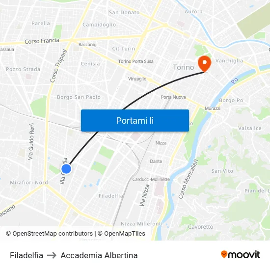 Filadelfia to Accademia Albertina map
