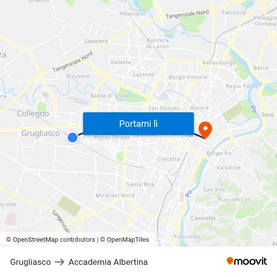 Grugliasco to Accademia Albertina map