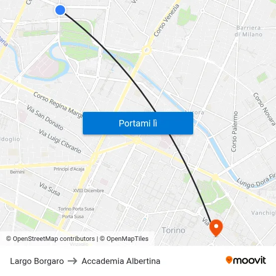 Largo Borgaro to Accademia Albertina map