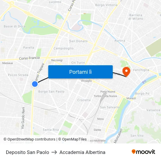 Deposito San Paolo to Accademia Albertina map