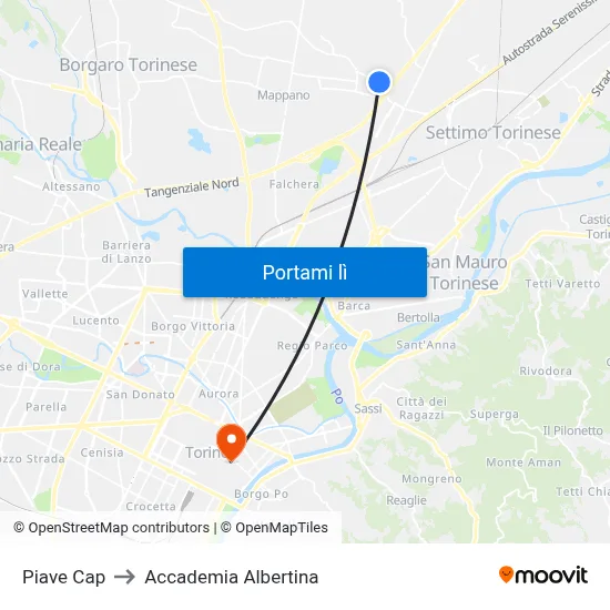 Piave Cap to Accademia Albertina map