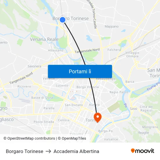 Borgaro Torinese to Accademia Albertina map