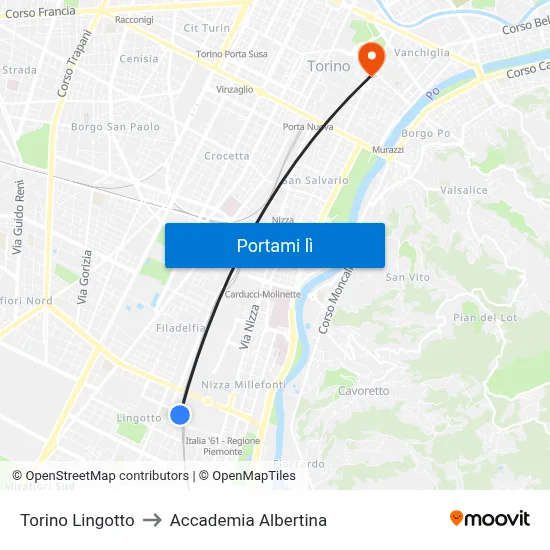 Torino Lingotto to Accademia Albertina map