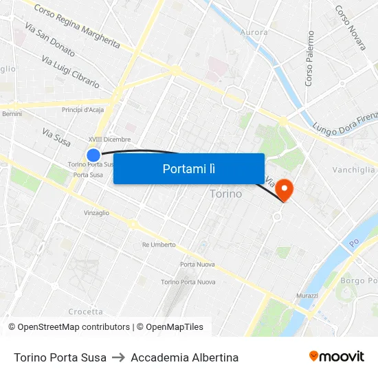 Torino Porta Susa to Accademia Albertina map