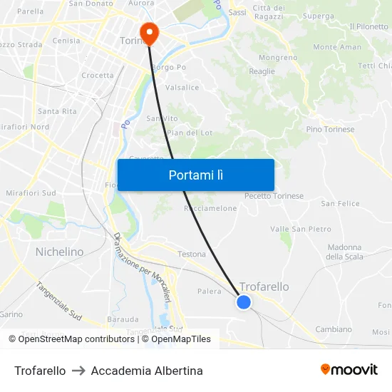 Trofarello to Accademia Albertina map