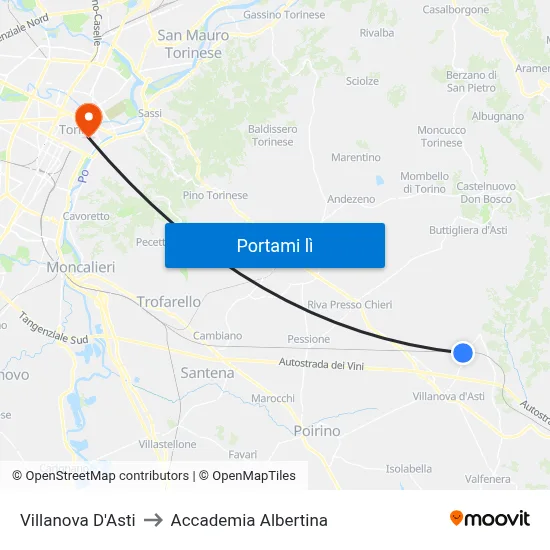 Villanova D'Asti to Accademia Albertina map