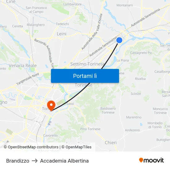 Brandizzo to Accademia Albertina map