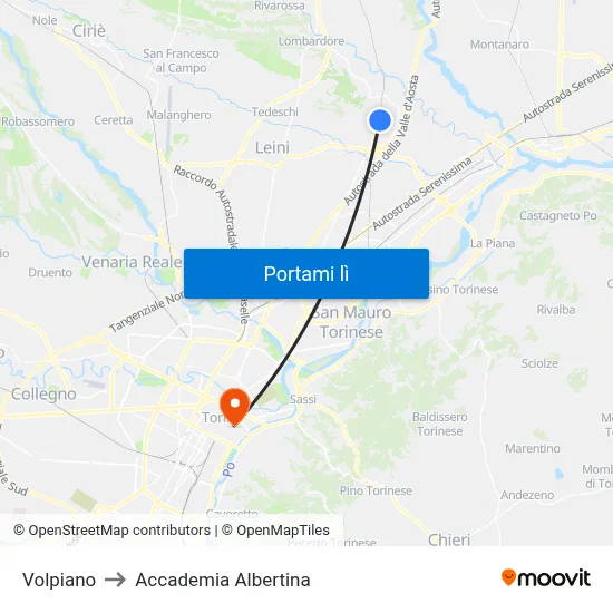Volpiano to Accademia Albertina map