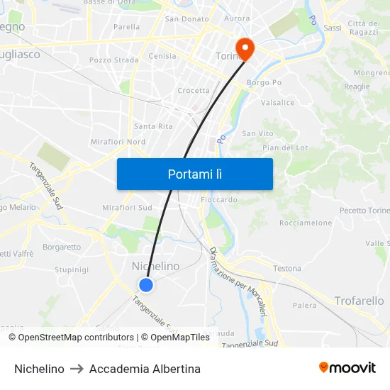 Nichelino to Accademia Albertina map