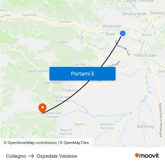 Collegno to Ospedale Valdese map