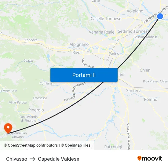Chivasso to Ospedale Valdese map
