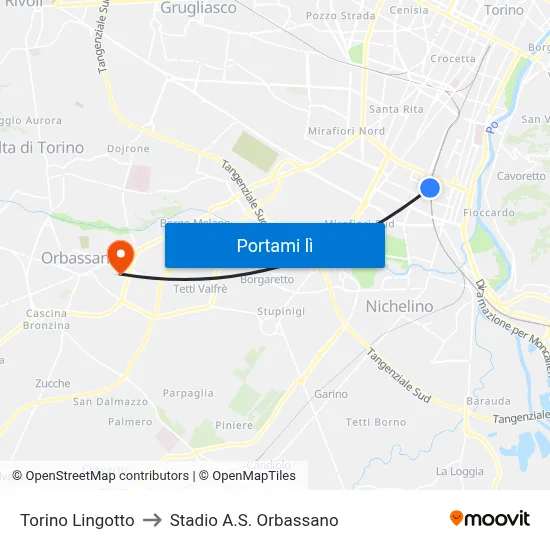 Torino Lingotto to Stadio A.S. Orbassano map