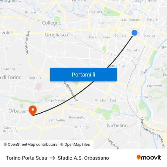 Torino Porta Susa to Stadio A.S. Orbassano map
