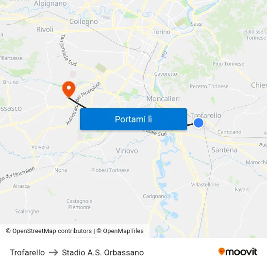 Trofarello to Stadio A.S. Orbassano map