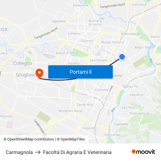 Carmagnola to Facoltà Di Agraria E Veterinaria map