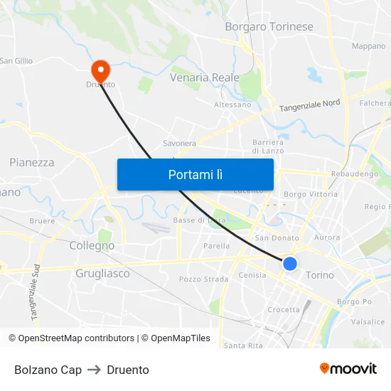 Bolzano Cap to Druento map
