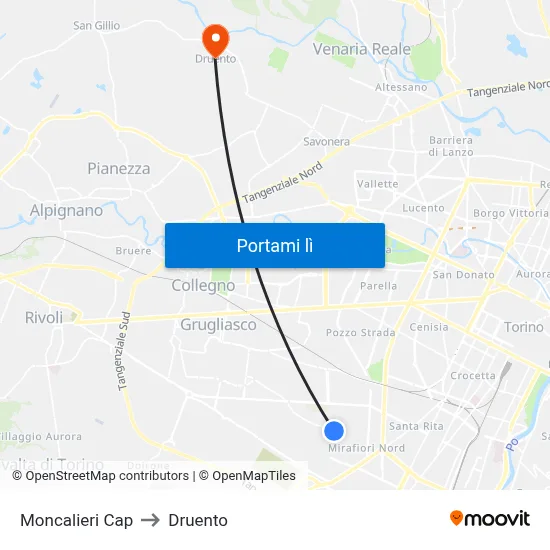 Moncalieri Cap to Druento map