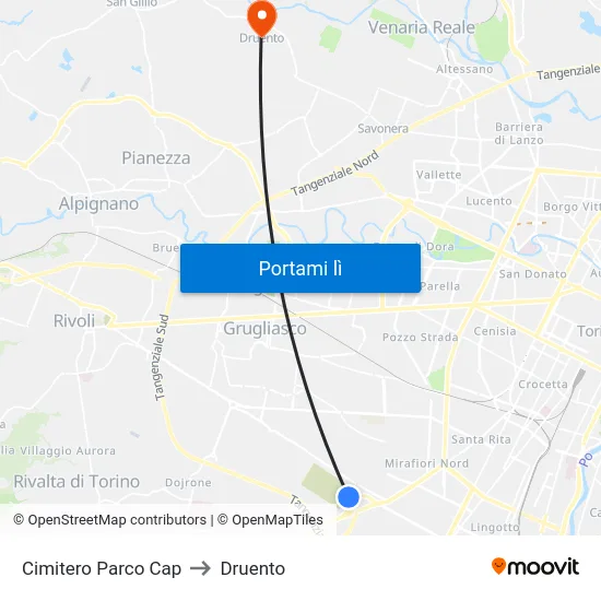 Cimitero Parco Cap to Druento map