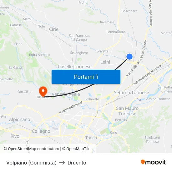 Volpiano (Gommista) to Druento map
