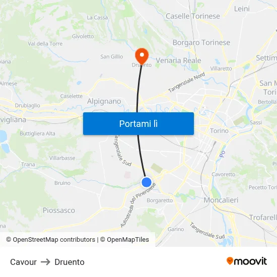 Cavour to Druento map