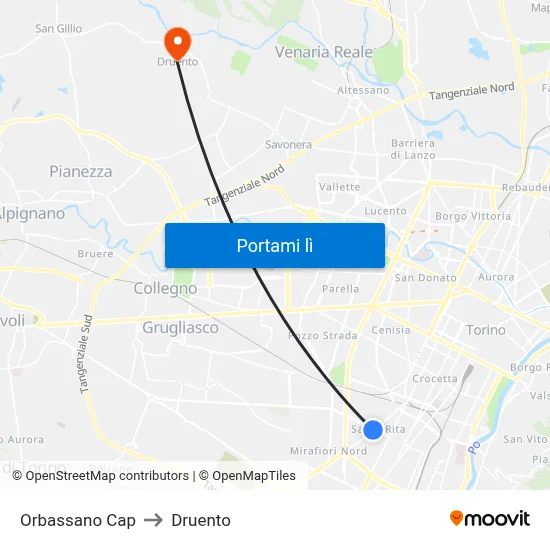 Orbassano Cap to Druento map