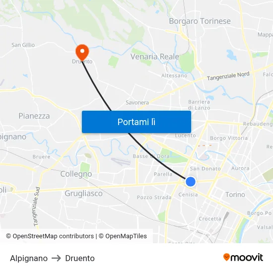 Alpignano to Druento map