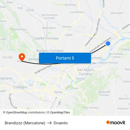 Brandizzo (Mercatone) to Druento map