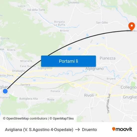 Avigliana (V. S.Agostino 4-Ospedale) to Druento map