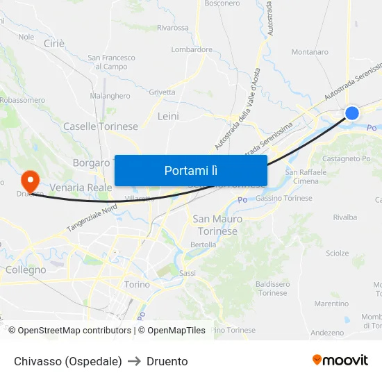 Chivasso (Ospedale) to Druento map
