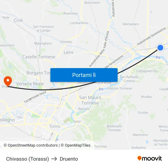 Chivasso (Torassi) to Druento map