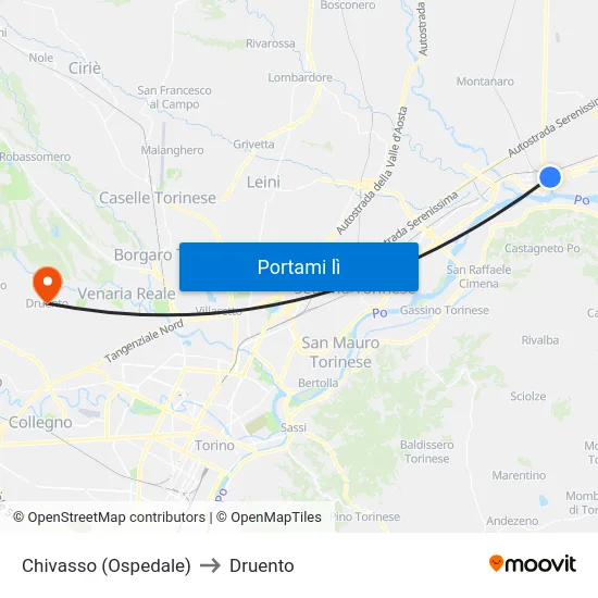 Chivasso (Ospedale) to Druento map