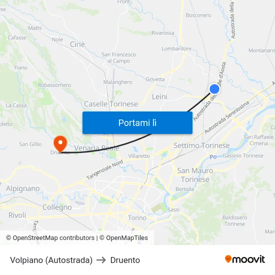 Volpiano (Autostrada) to Druento map