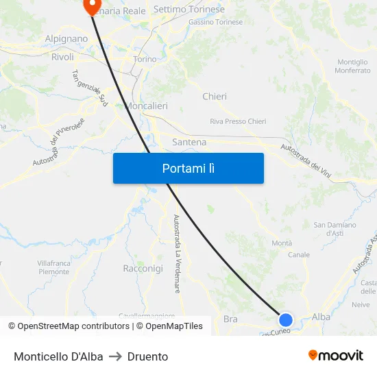 Monticello D'Alba to Druento map