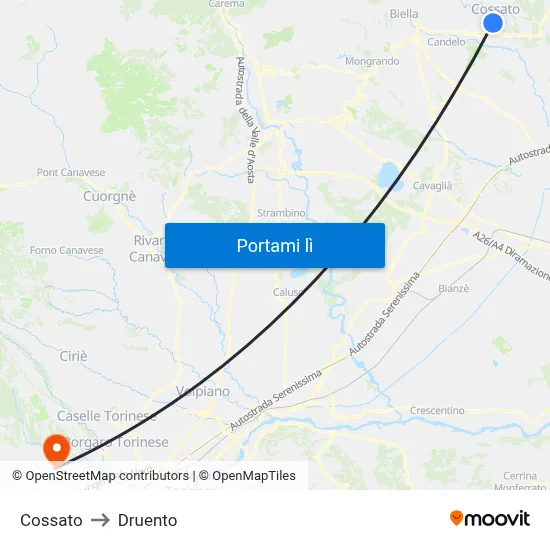 Cossato to Druento map