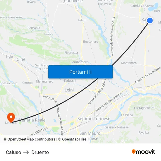 Caluso to Druento map