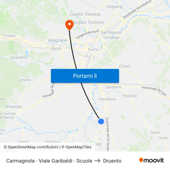 Carmagnola - Viale Garibaldi - Scuole to Druento map