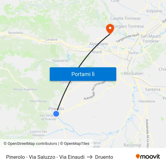 Pinerolo - Via Saluzzo - Via Einaudi to Druento map