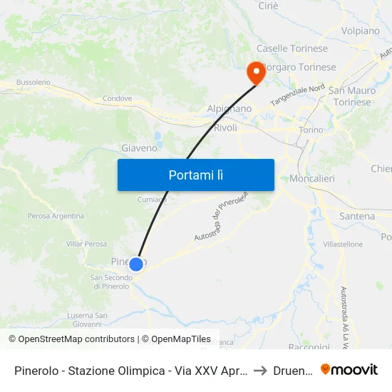 Pinerolo - Stazione Olimpica - Via XXV Aprile to Druento map