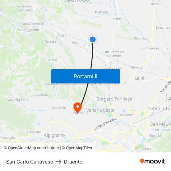 San Carlo Canavese to Druento map