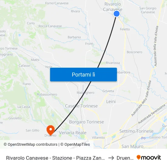 Rivarolo Canavese - Stazione - Piazza Zanotti to Druento map