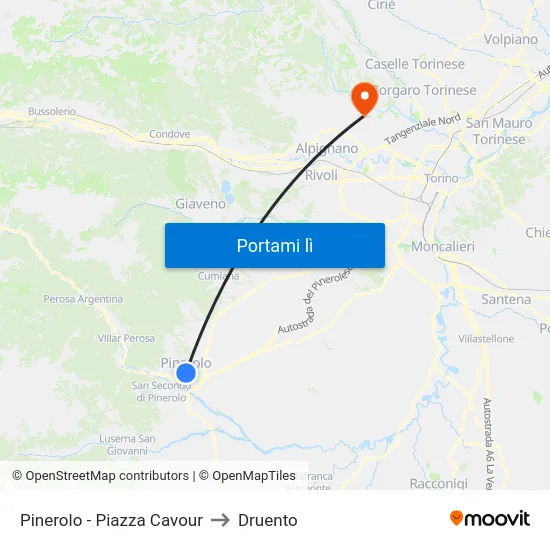 Pinerolo - Piazza Cavour to Druento map
