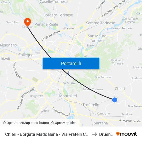 Chieri - Borgata Maddalena - Via Fratelli Cervi to Druento map