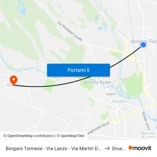 Borgaro Torinese - Via Lanzo - Via Martiri Della Liberta' to Druento map