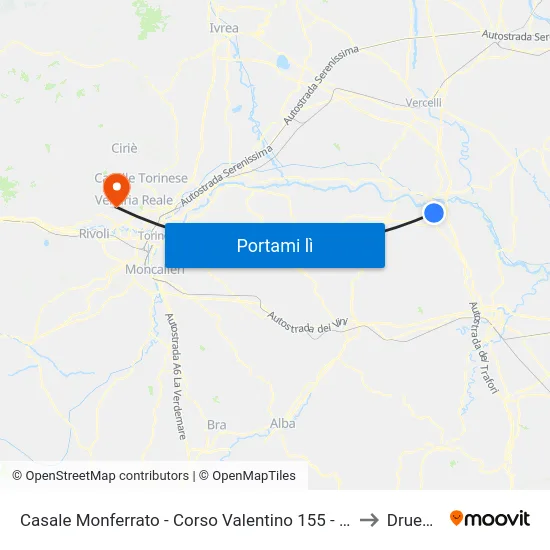 Casale Monferrato - Corso Valentino 155 - Coop to Druento map